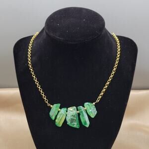 Quartz crystal necklace, iridescent green points gold stainless steel rolo chain
